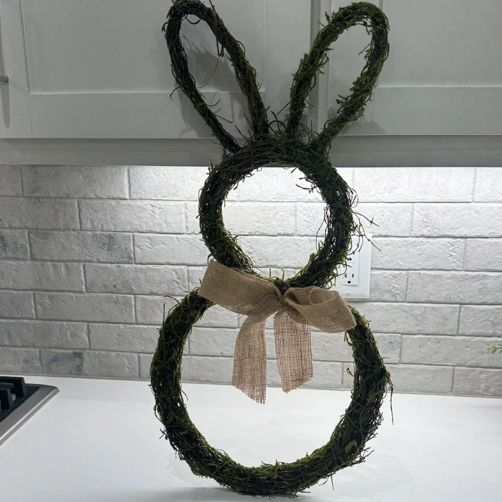 Rustic Green Bunny Wreath with Burlap Bow - Home Holiday Decor